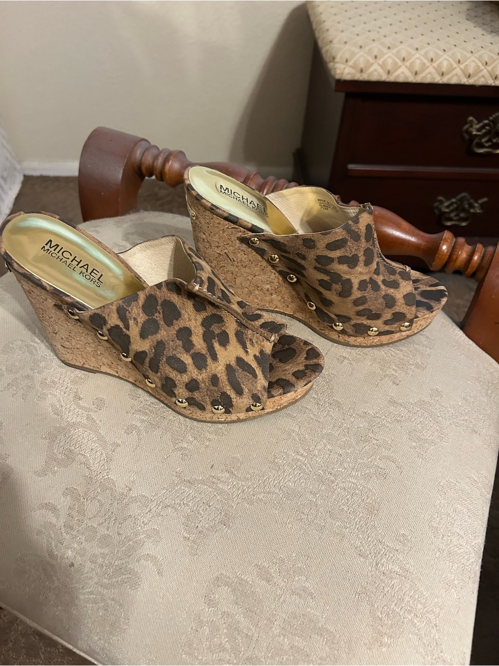 Michael Kors Leopard-Print Cork Wedge Mules